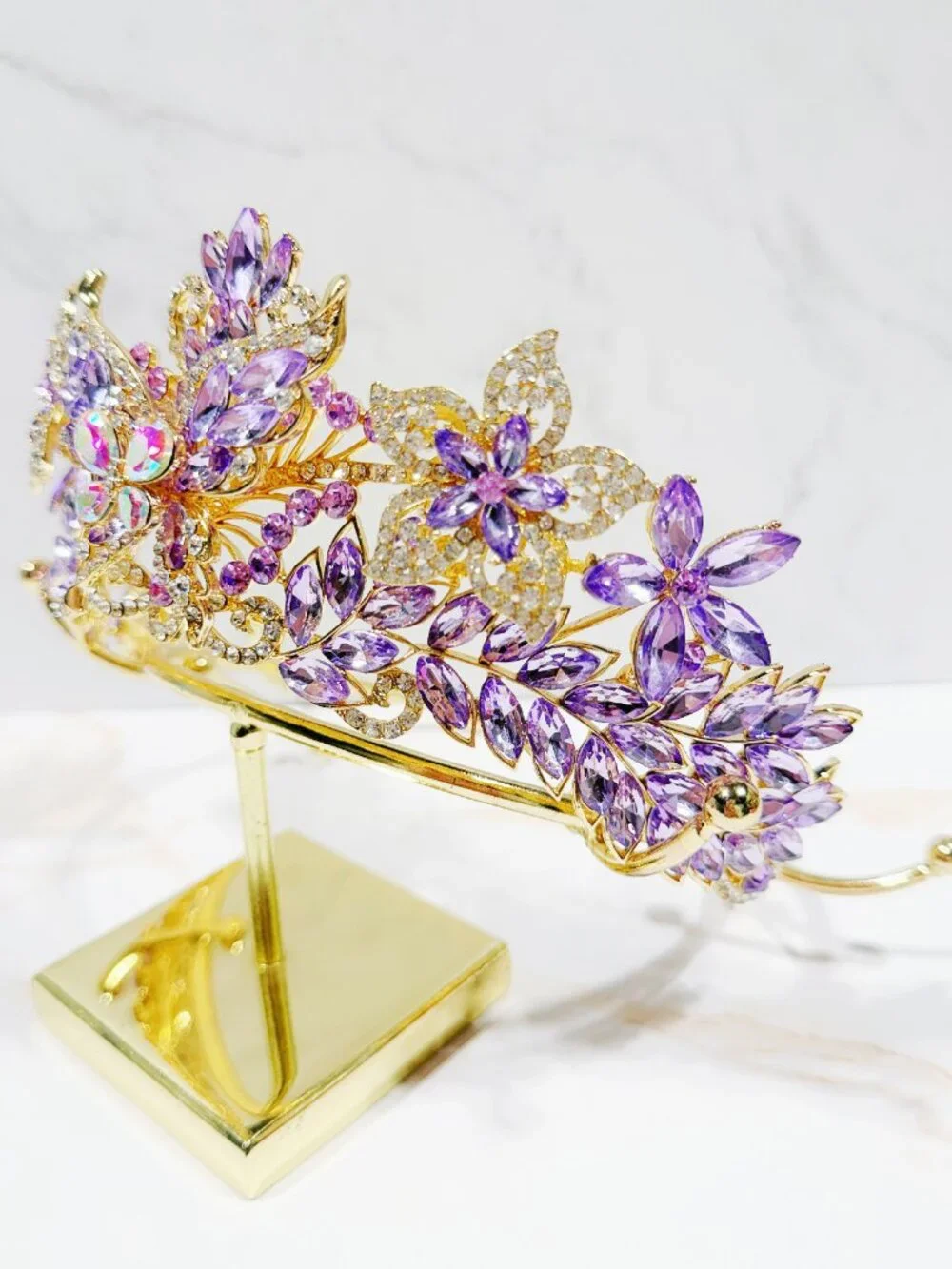 Purple Crystal Butterfly Tiara Crown Gold Tone Pageant Prom Wedding Headpiece
